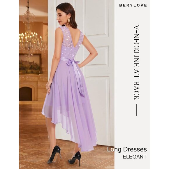 BeryLove Women Lavender Sequin Chiffon Scoop Neck Sleeveless Lace Cocktail Dress - Picture 4 of 6